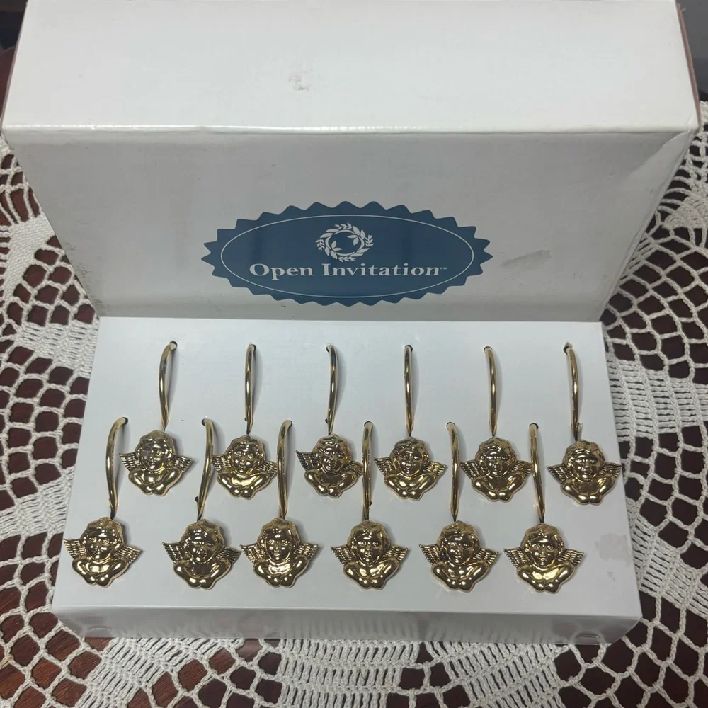 Vintage Shower Curtain Rings Victorian Cherub Angel Gold Brass Hook Set of 12
